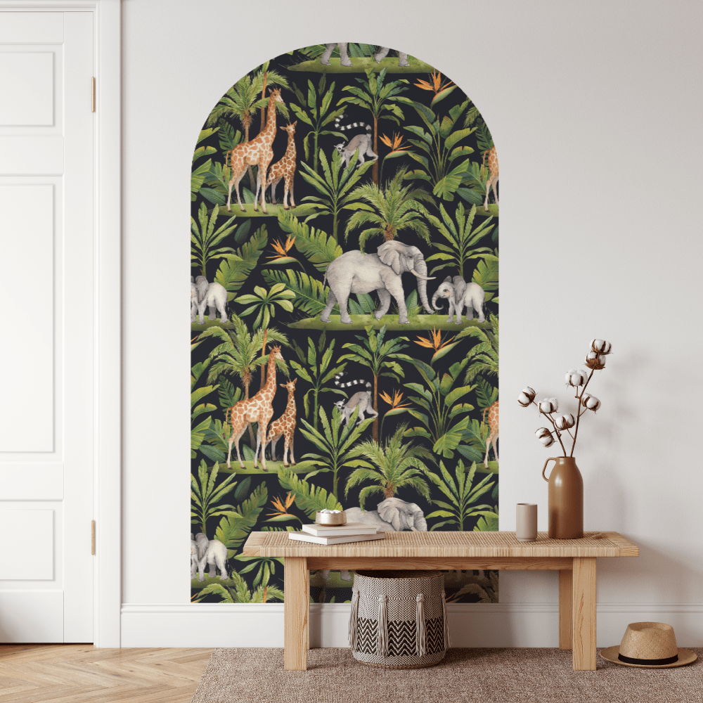 Midnight Safari arch decal on a dark ground with elephants and palms