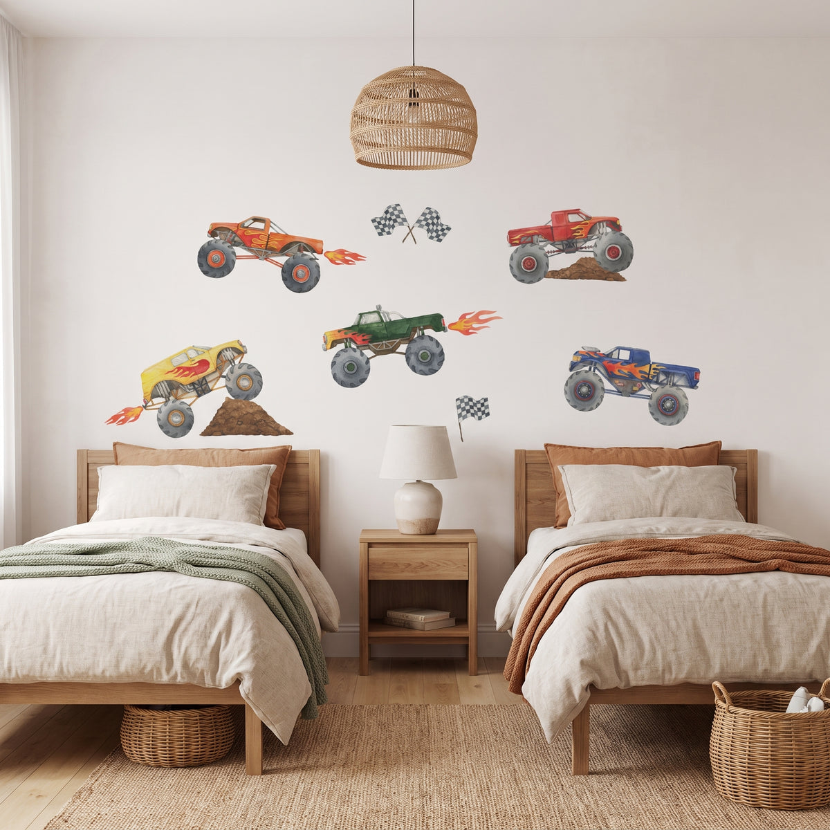 Monster Truck wall decals in a shared boys bedroom with two beds