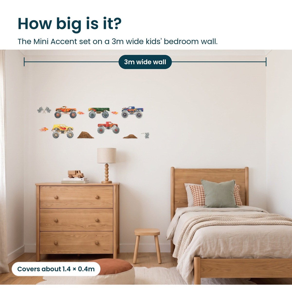 How big is the Monster Truck Mini Accent set on a 3m wide kids bedroom wall