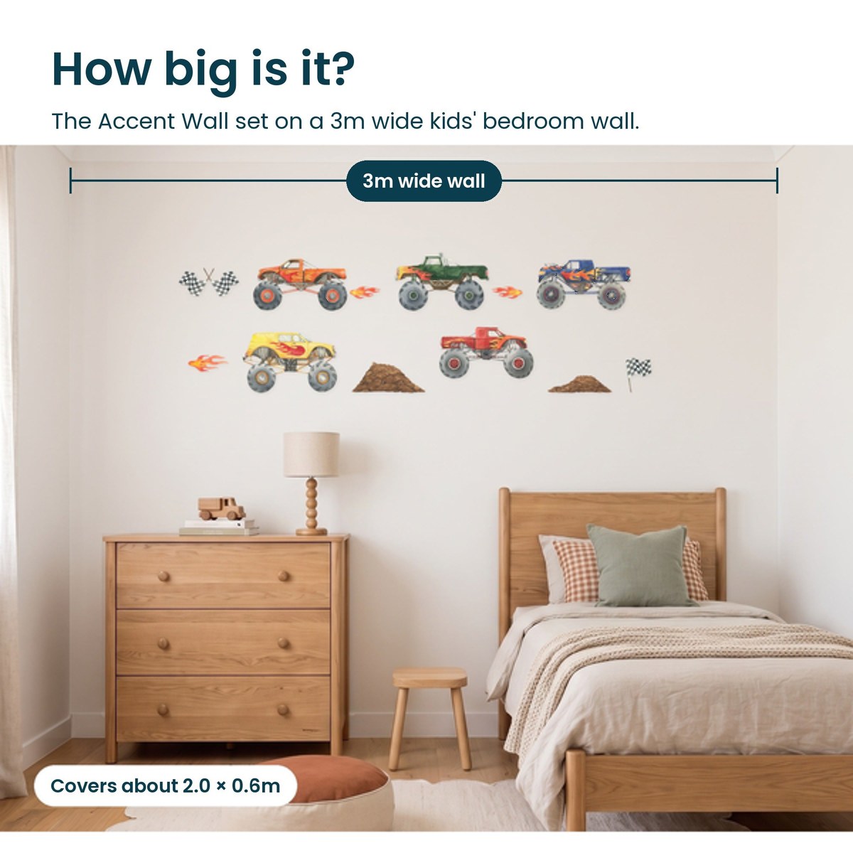 How big is the Monster Truck Accent Wall set on a 3m wide kids bedroom wall