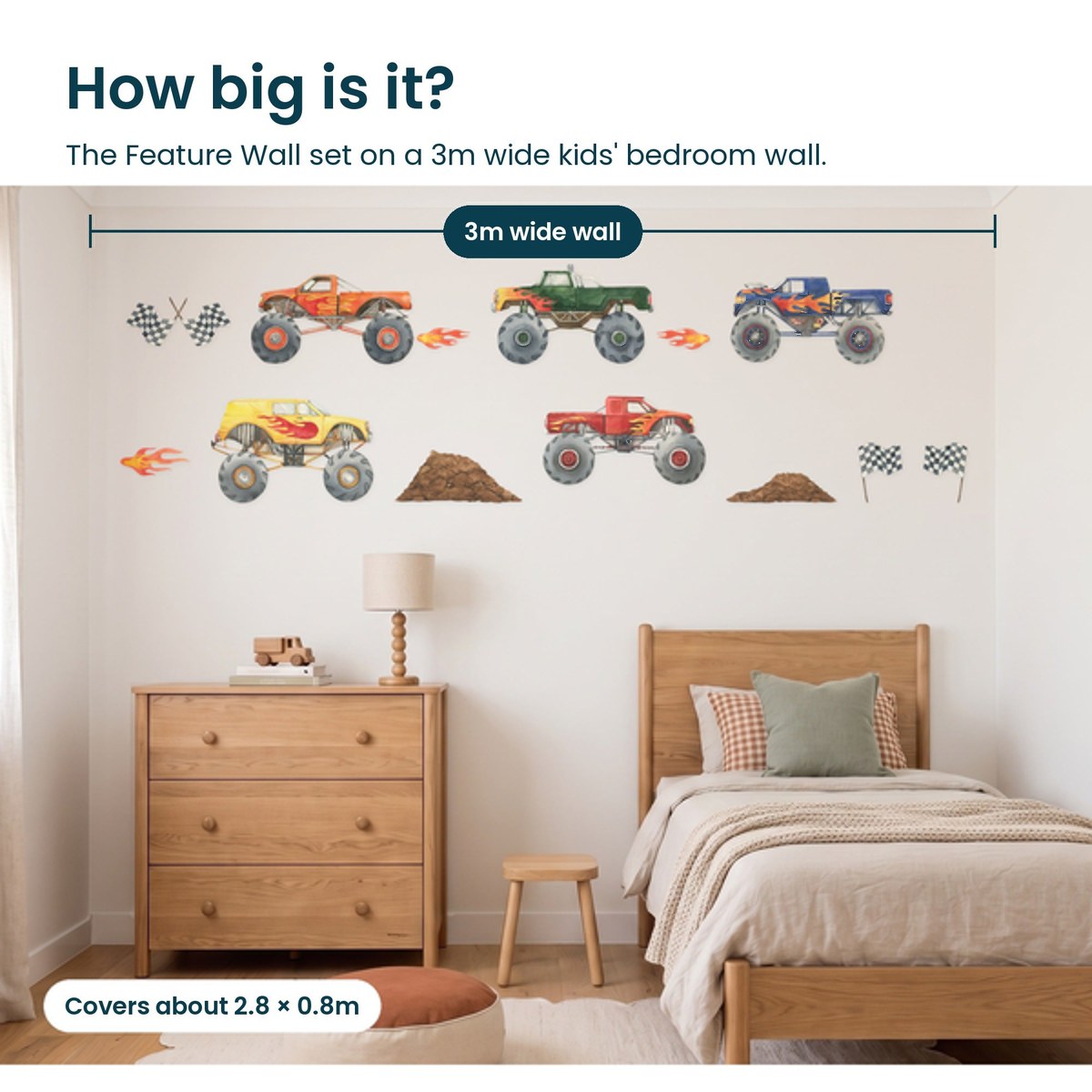 How big is the Monster Truck Feature Wall set on a 3m wide kids bedroom wall