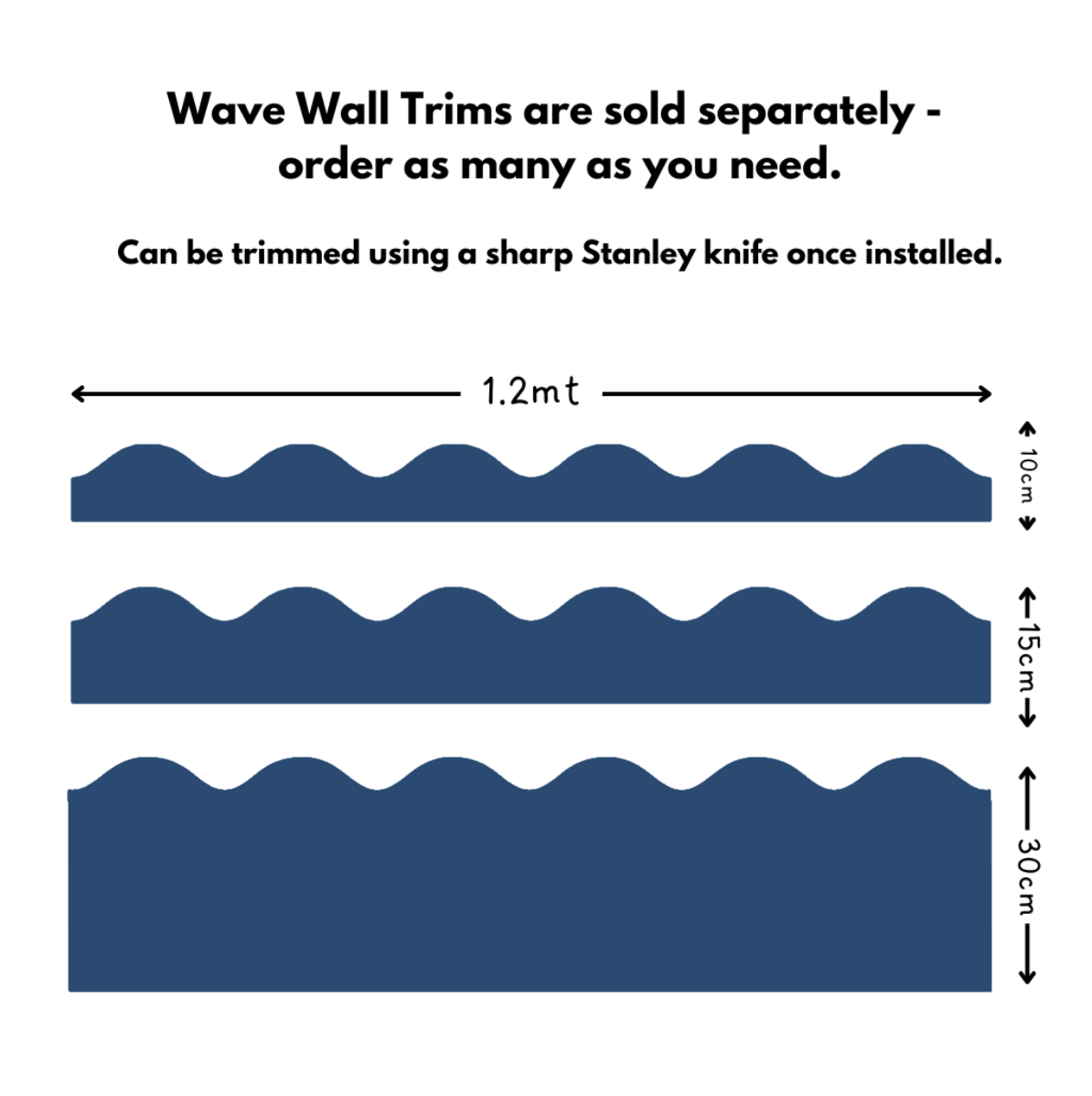 Wave wall trim product with dimensions and installation instructions on a white background