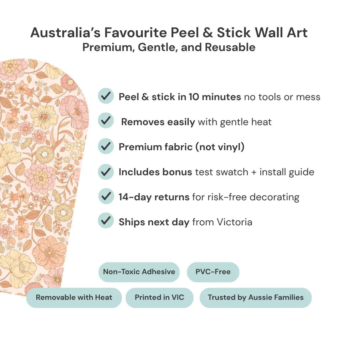 Tiny Walls feature summary with the Allie floral arch: peel and stick in 10 minutes, removes with gentle heat