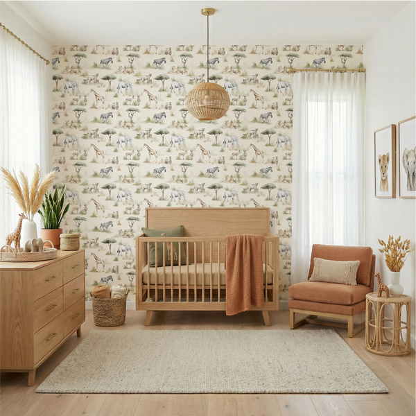 Nursery room with wooden crib, armchair, and decorative elements against a patterned wall.