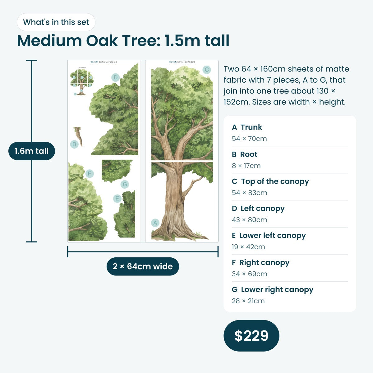 What's in the Medium Oak Tree set: 7 pieces that make a 1.5m tall tree