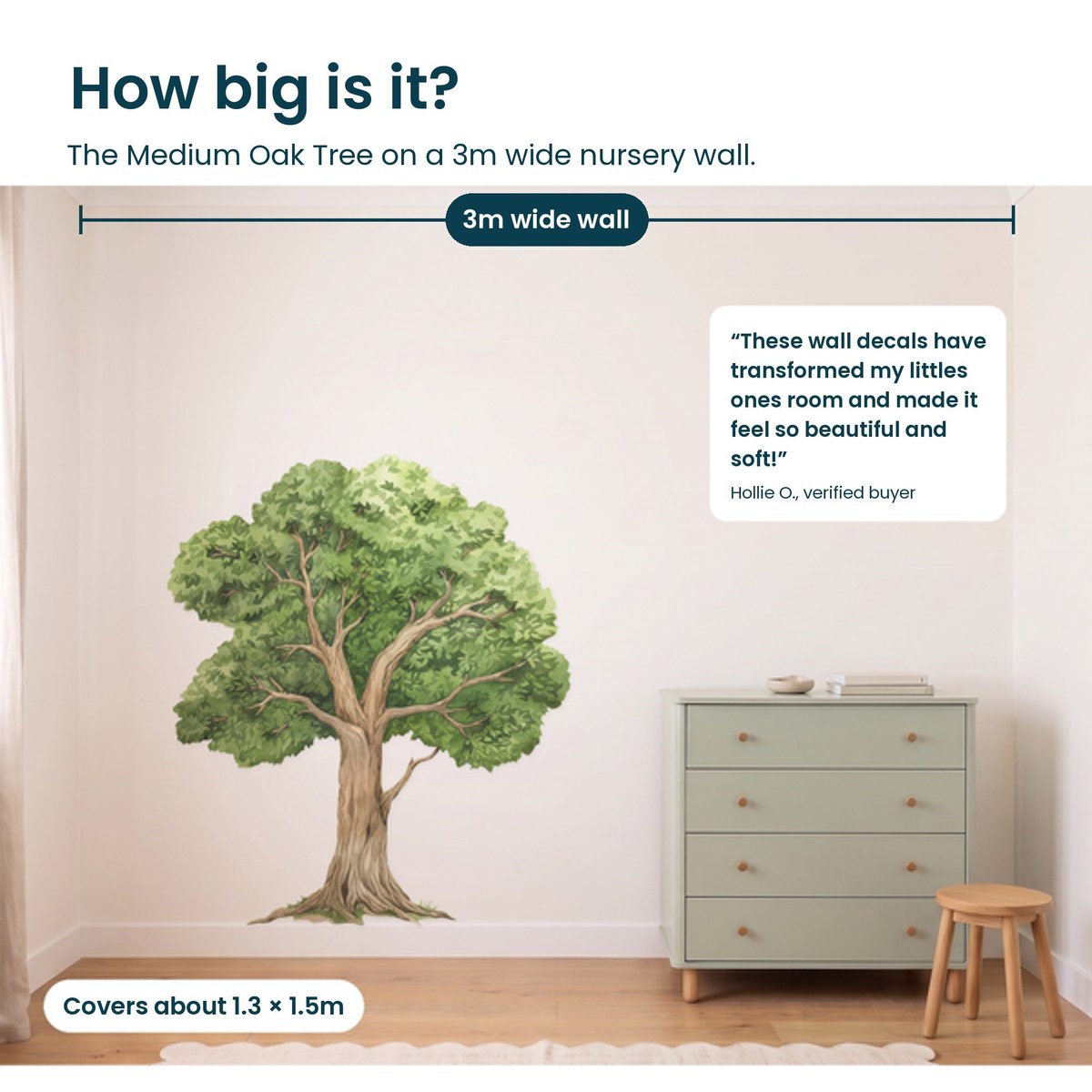 How big is the Medium Oak Tree on a 3m wide nursery wall