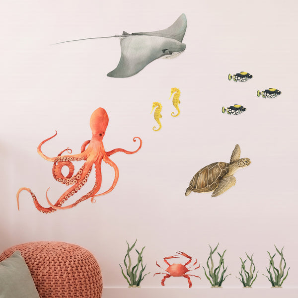 Ocean animal wall decals octopus stingray turtle seahorses in a styled nursery