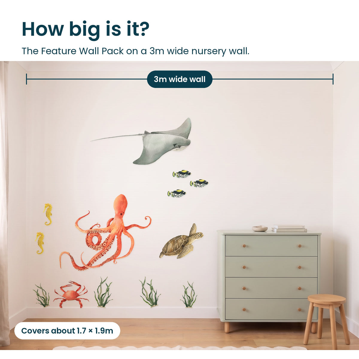 How big is the ocean animal Feature Wall Pack on a 3m wall