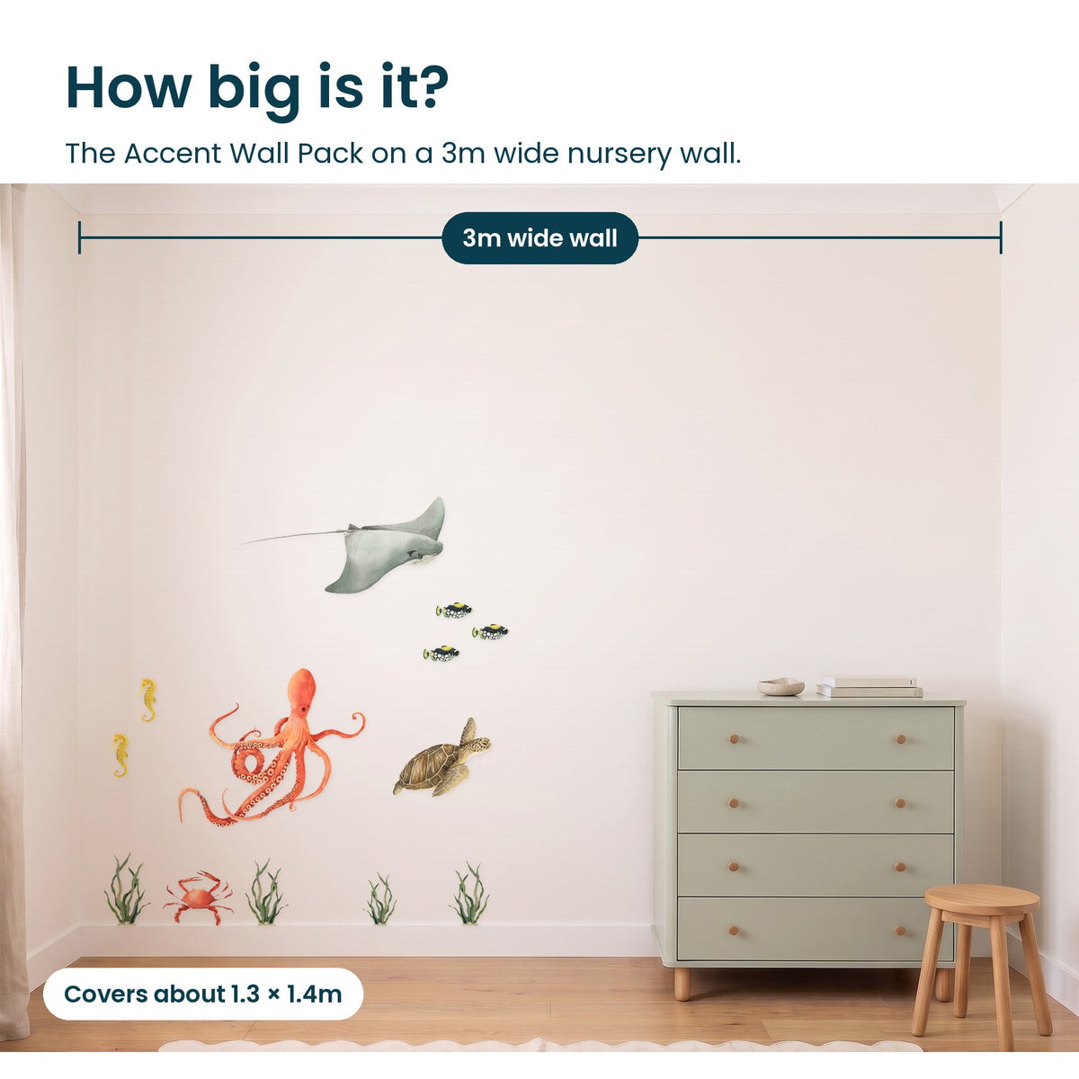 How big is the ocean animal Accent Wall Pack on a 3m wall