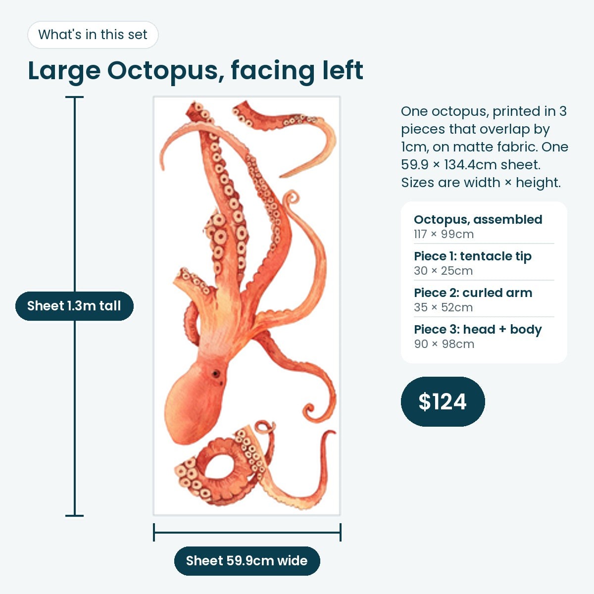 Large octopus decal facing left, print sheet with 3 pieces, 117 × 99cm assembled