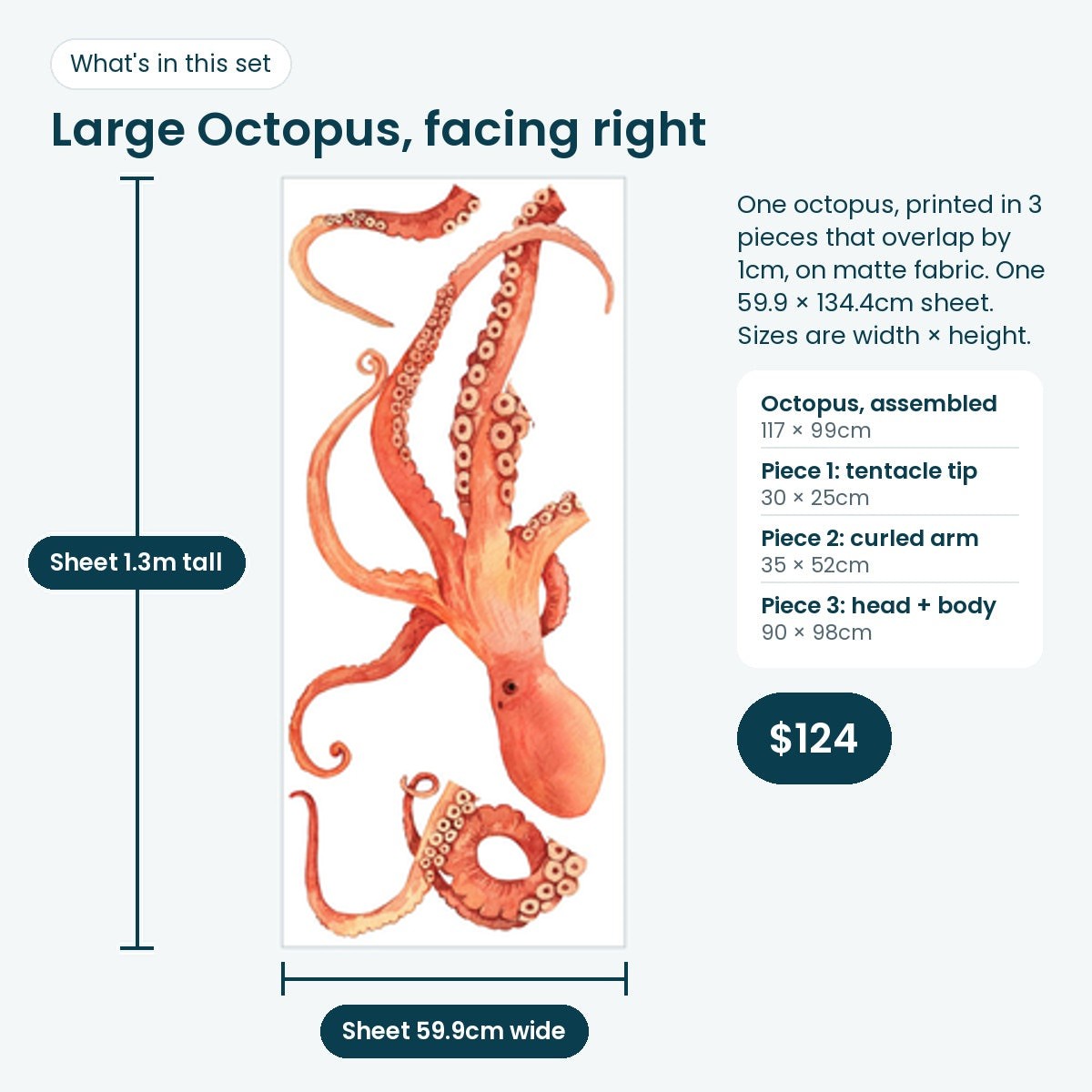 Large octopus decal facing right, print sheet with 3 pieces, 117 × 99cm assembled