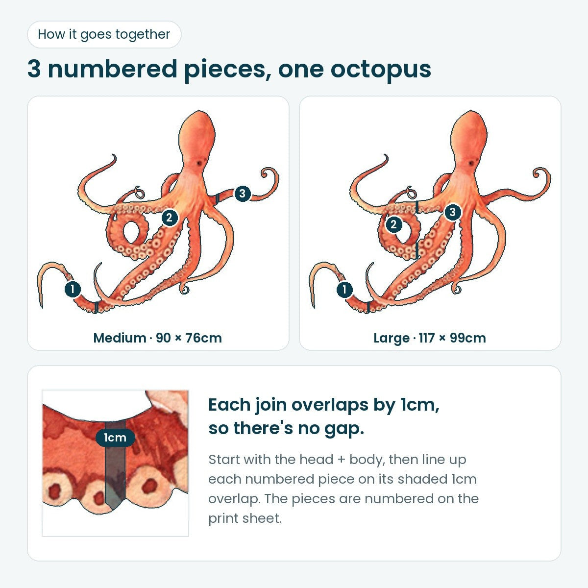 How the 3 numbered octopus pieces fit together with a 1cm overlap