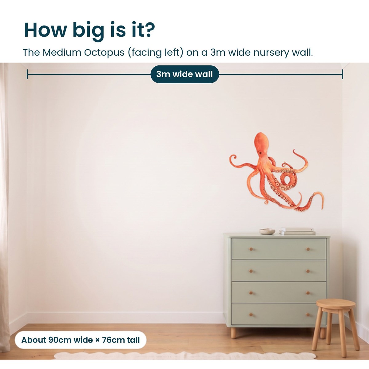 Medium octopus facing left on a 3m nursery wall