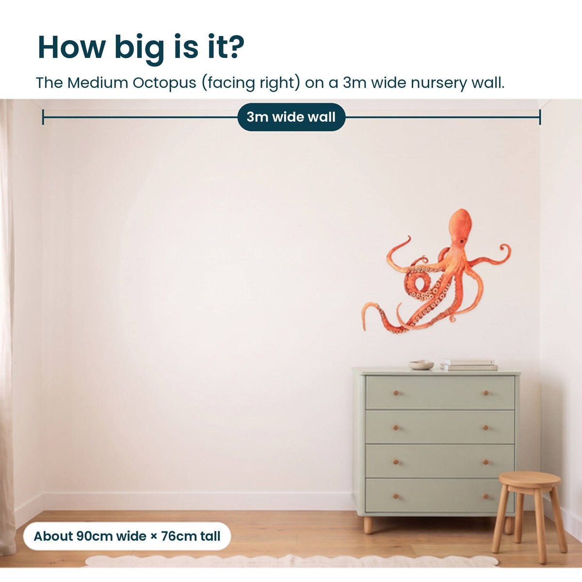 Medium octopus facing right on a 3m nursery wall