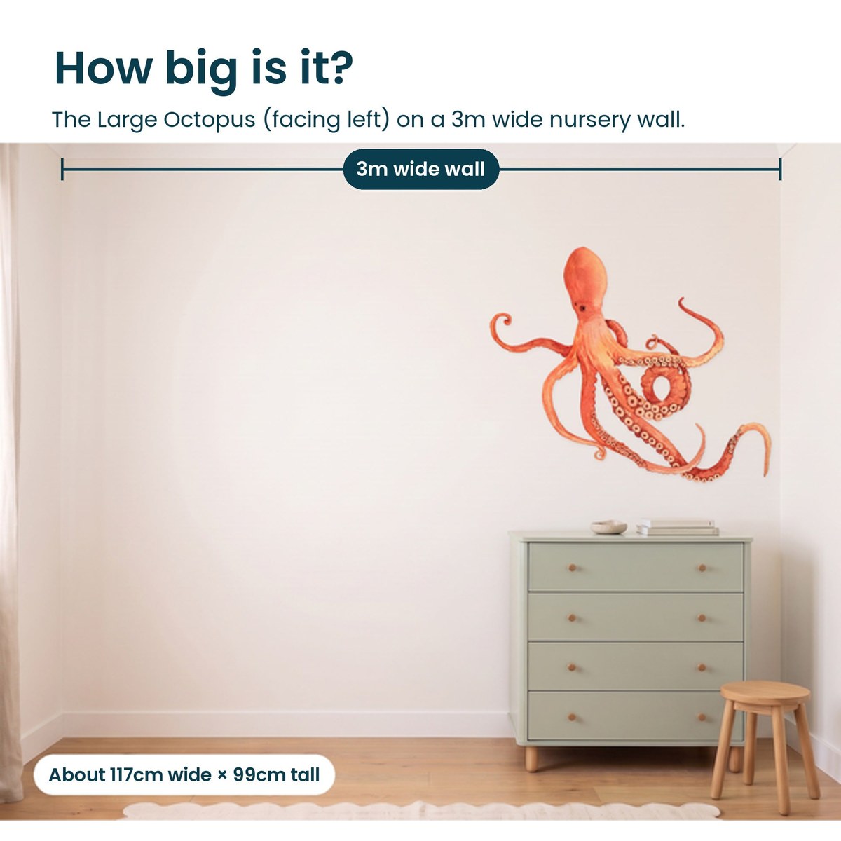 Large octopus facing left on a 3m nursery wall