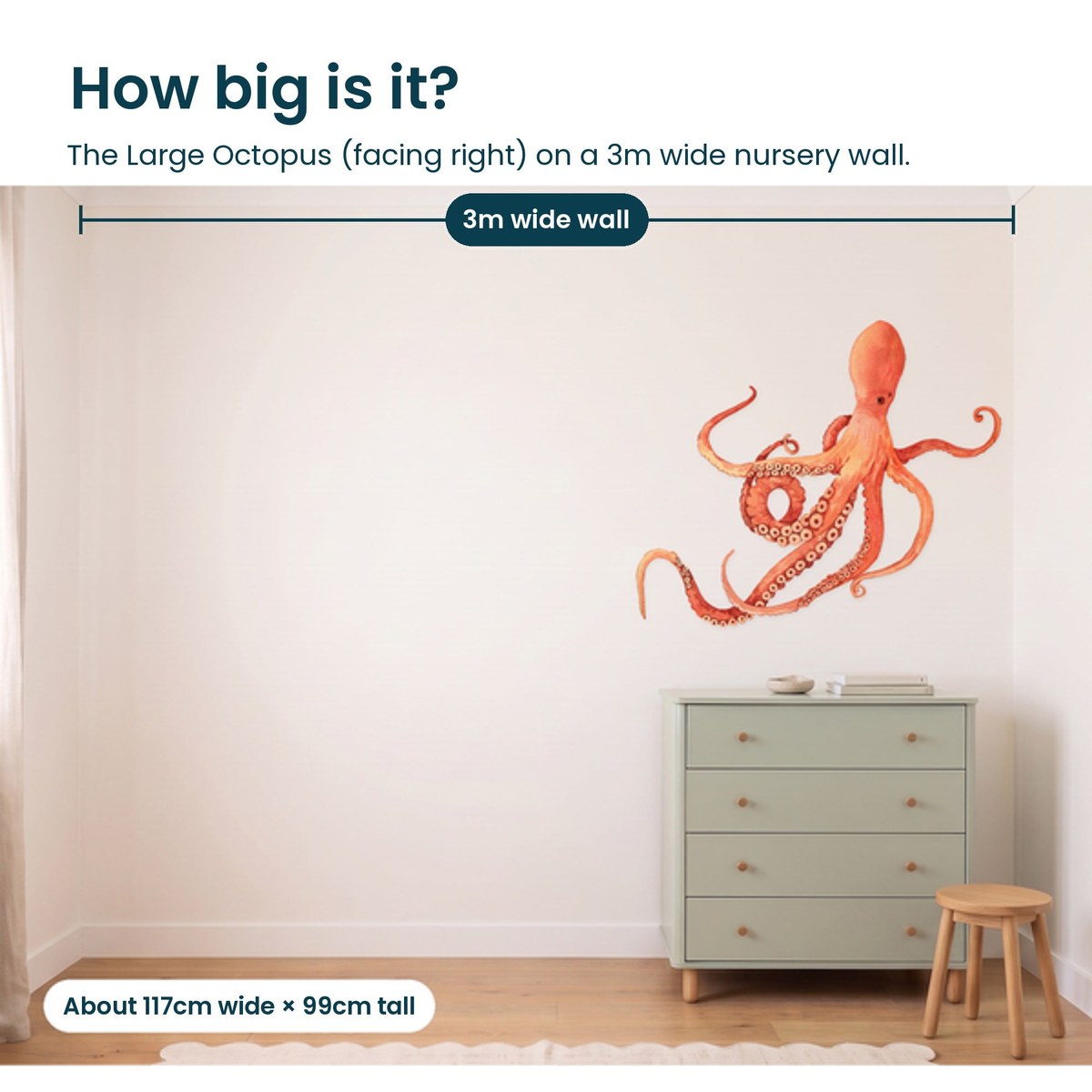 Large octopus facing right on a 3m nursery wall