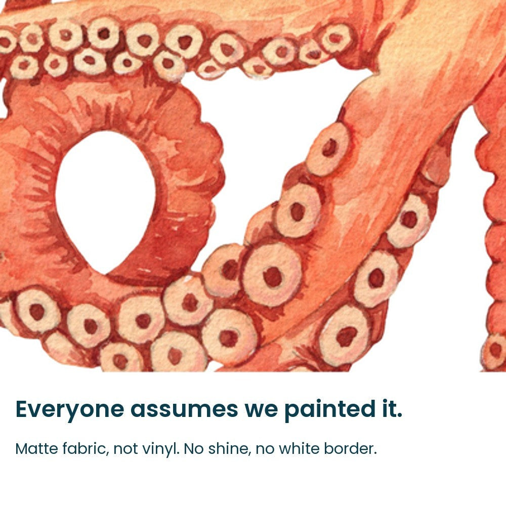 Close-up of the hand-painted octopus suckers on matte fabric