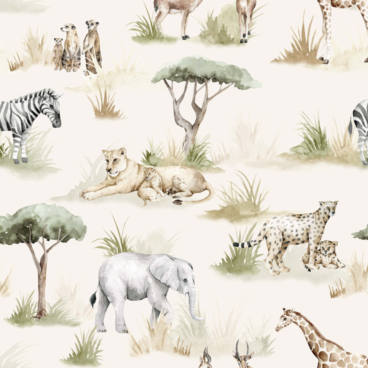 Pattern of safari animals including a lion, cheetah, elephant, giraffe, and zebra on a light background.