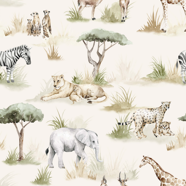 Pattern of safari animals including a lion, cheetah, elephant, giraffe, and zebra on a light background.