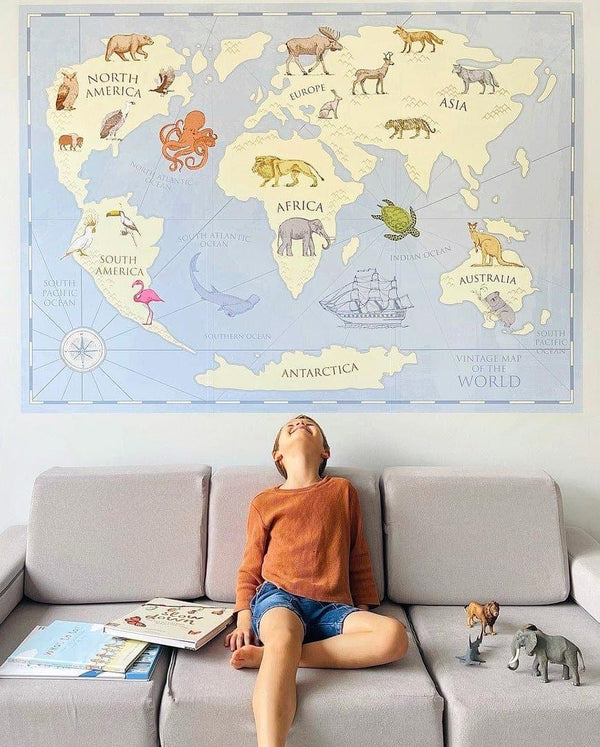 Vintage World Map Wall Decal - Hand-Painted Look