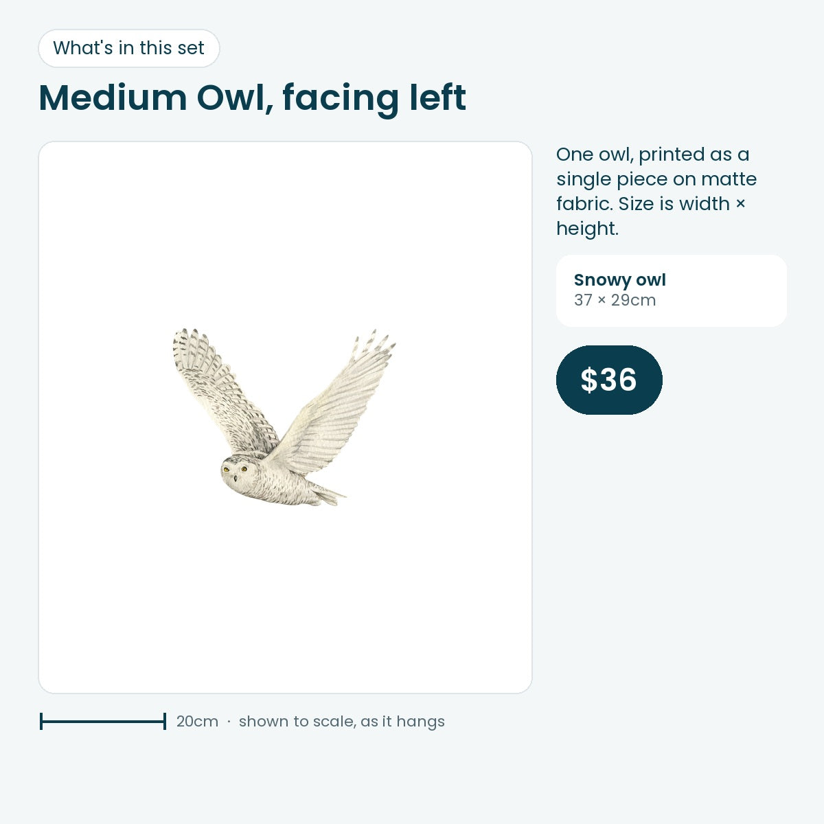 Medium snowy owl decal facing left, 37 × 29cm