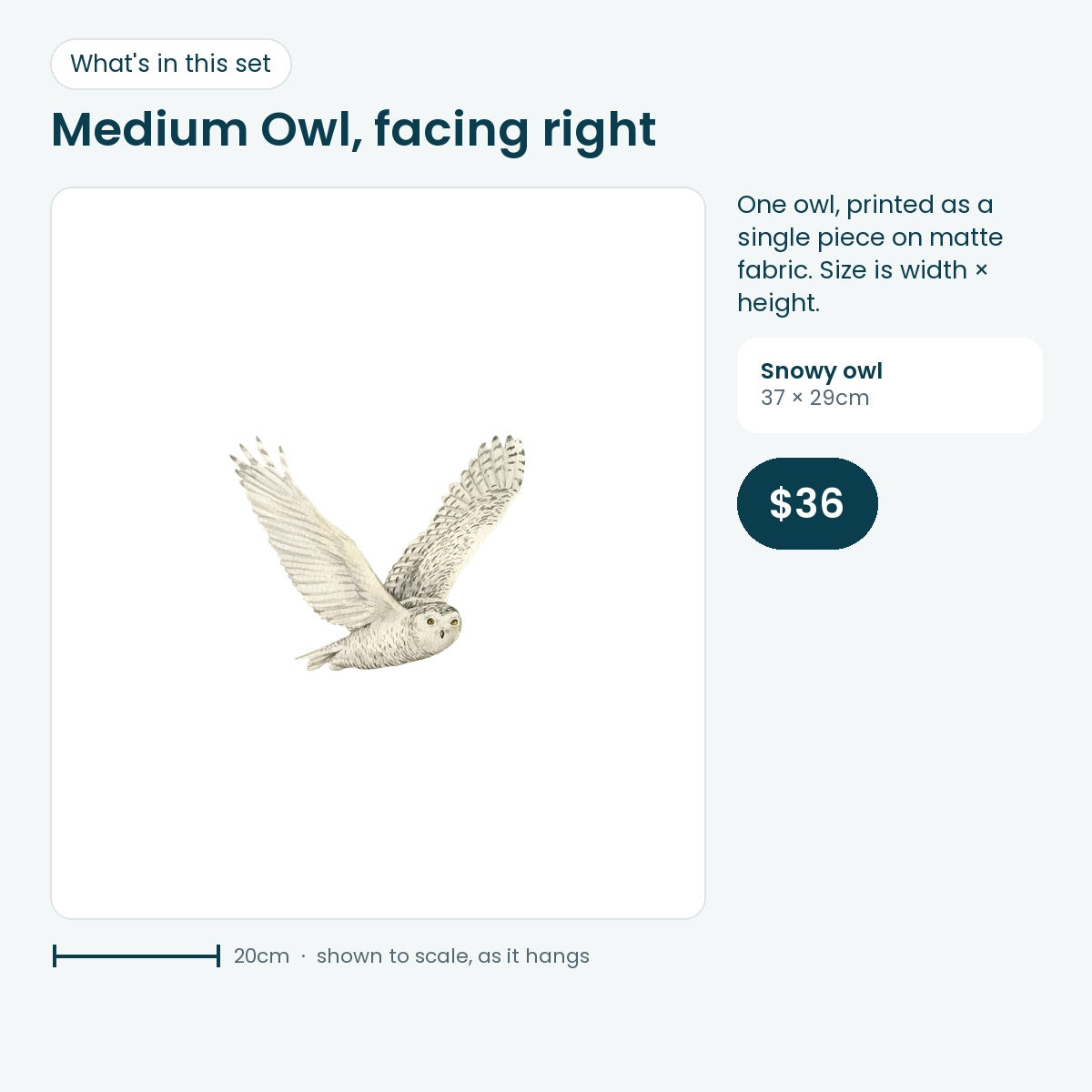 Medium snowy owl decal facing right, 37 × 29cm