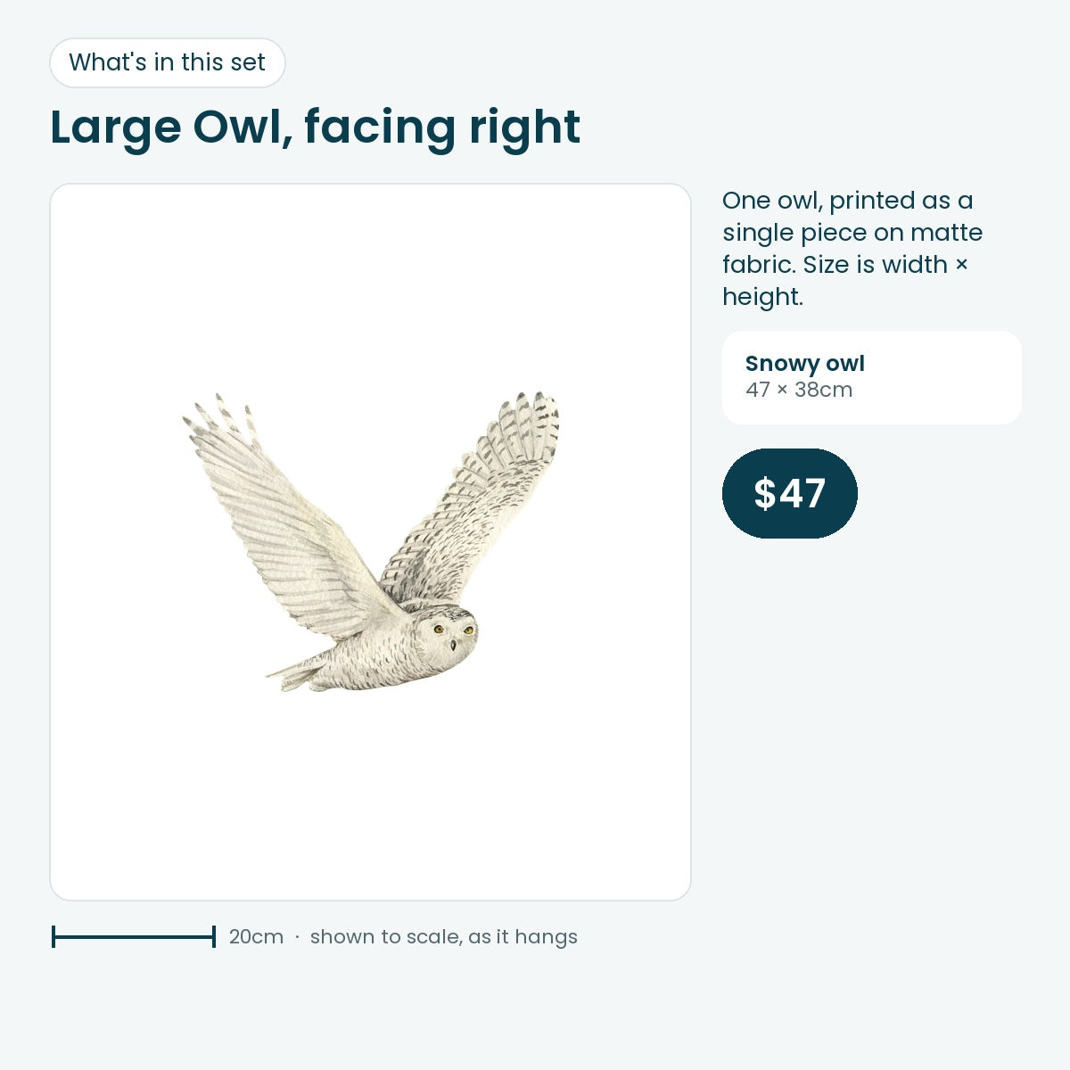 Large snowy owl decal facing right, 47 × 38cm