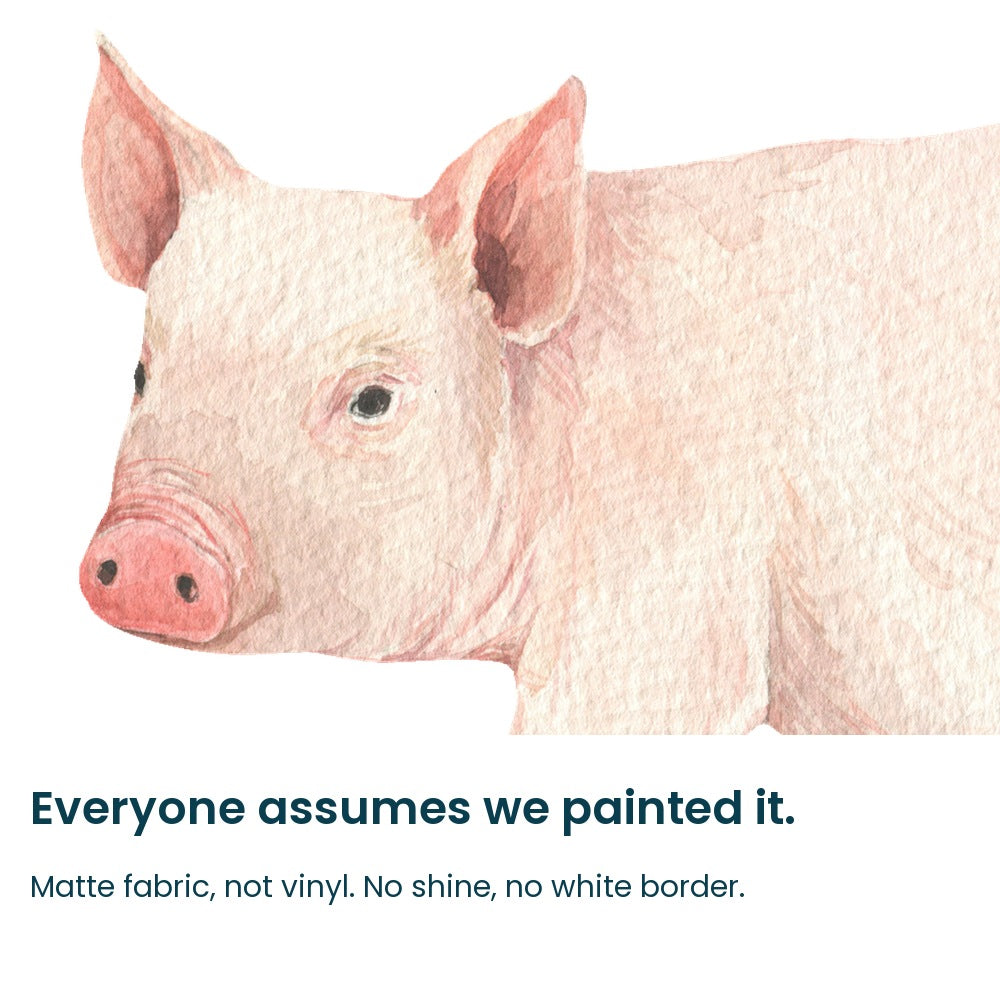 Close-up of the hand-painted pig face on matte fabric