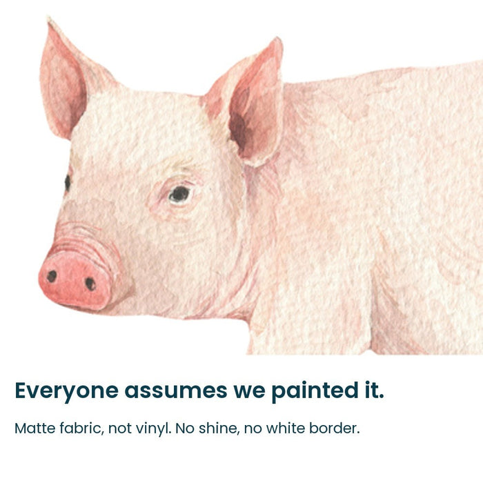 Close-up of the hand-painted pig face on matte fabric