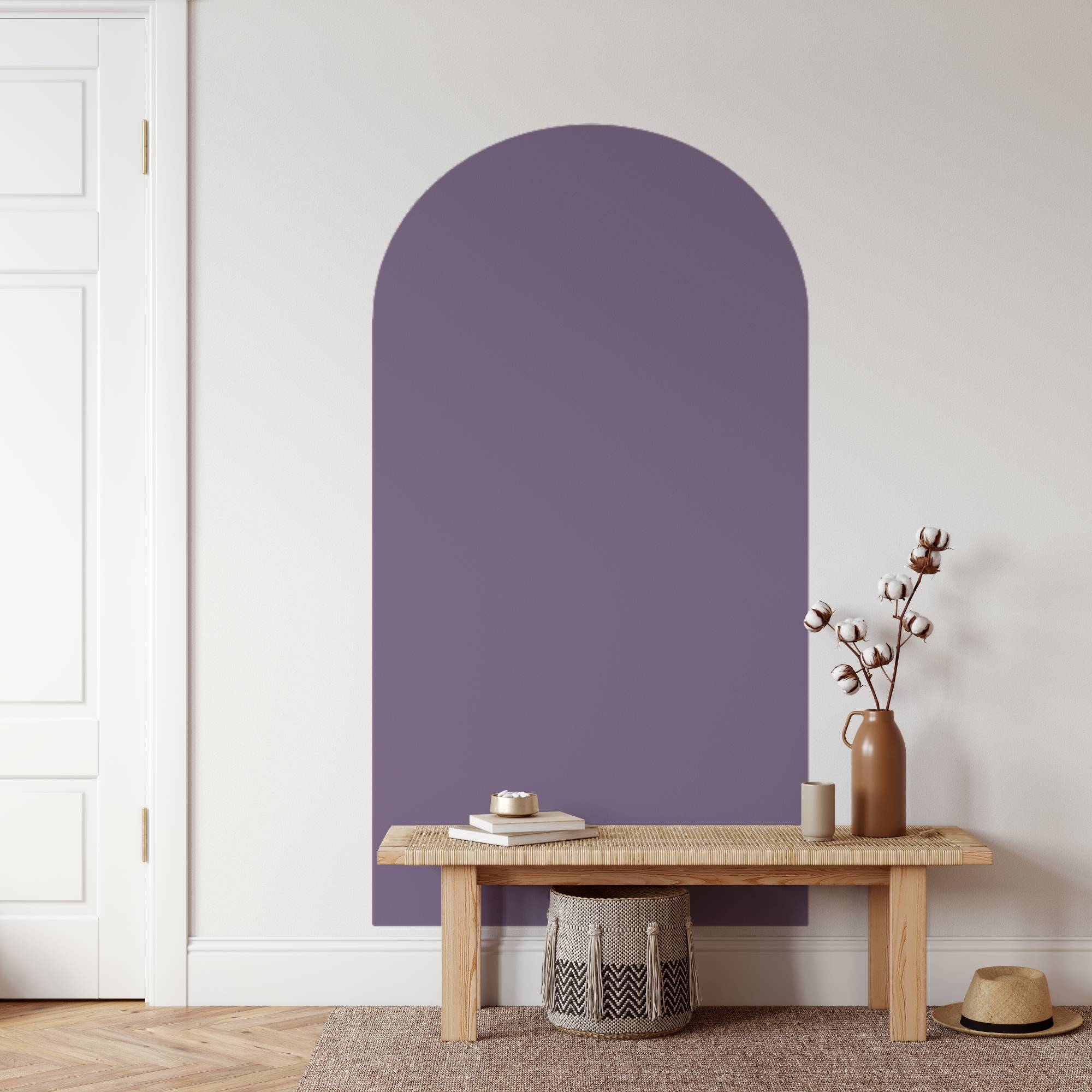 Purple arch-shaped wall panel in a room with a wooden bench and decorative items.