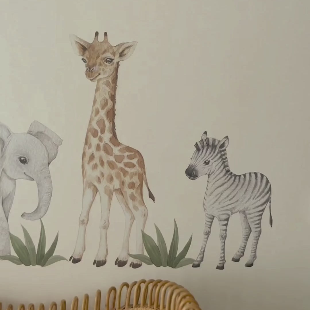 Load video: Baby Safari Animal Wall Decals - Watercolour Nursery Decor
