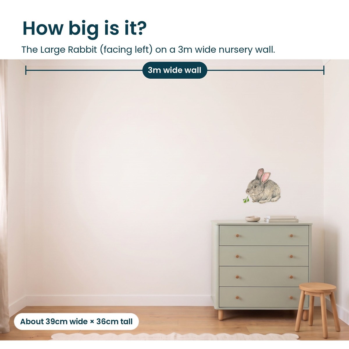 Large rabbit facing left on a 3m nursery wall