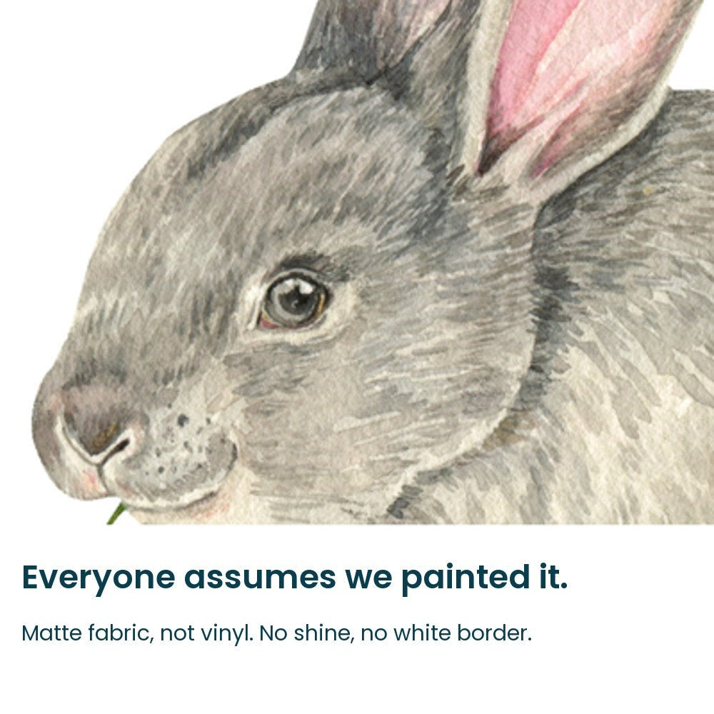 Close-up of the hand-painted rabbit face on matte fabric