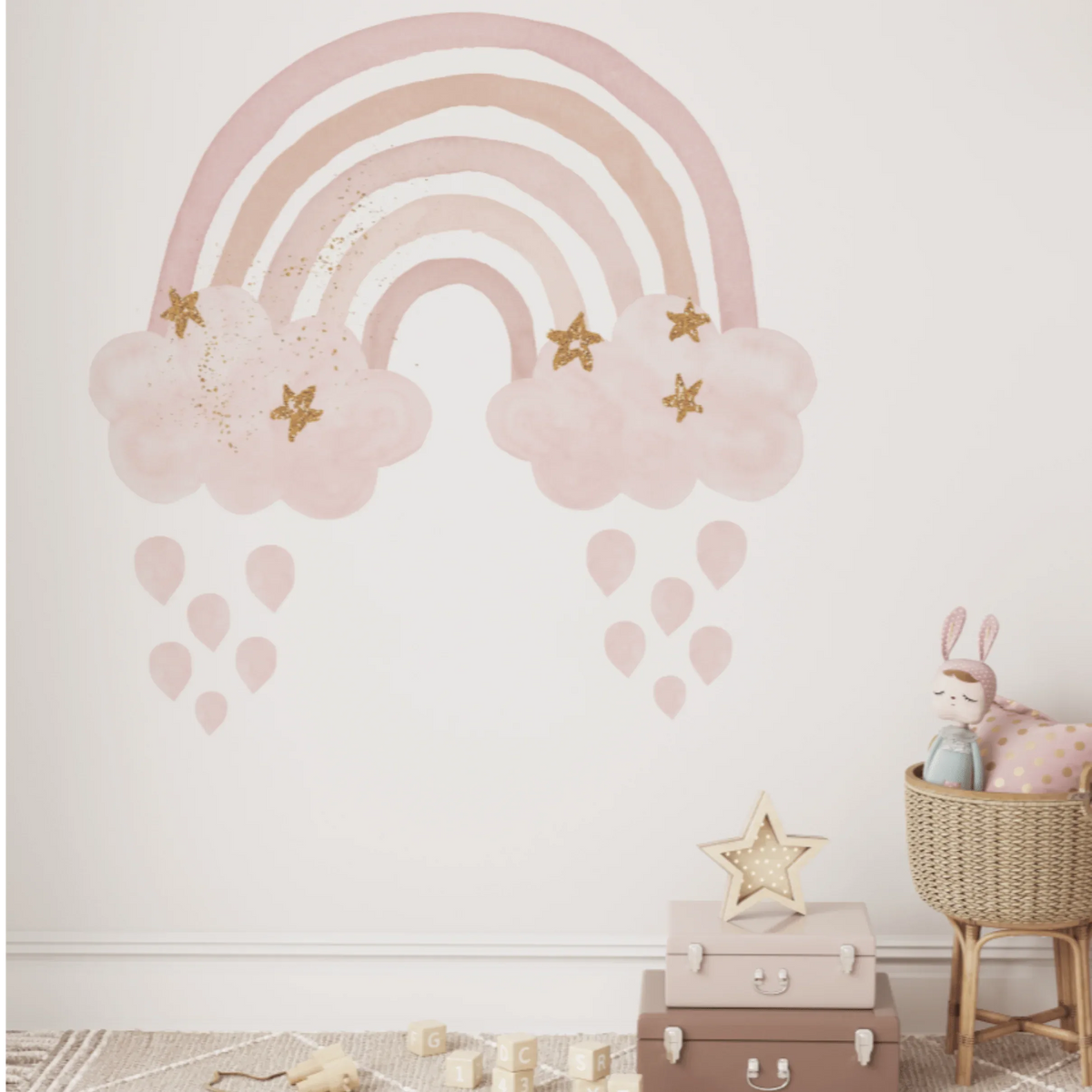 Jumbo pink rainbow wall decal with clouds, stars and raindrops