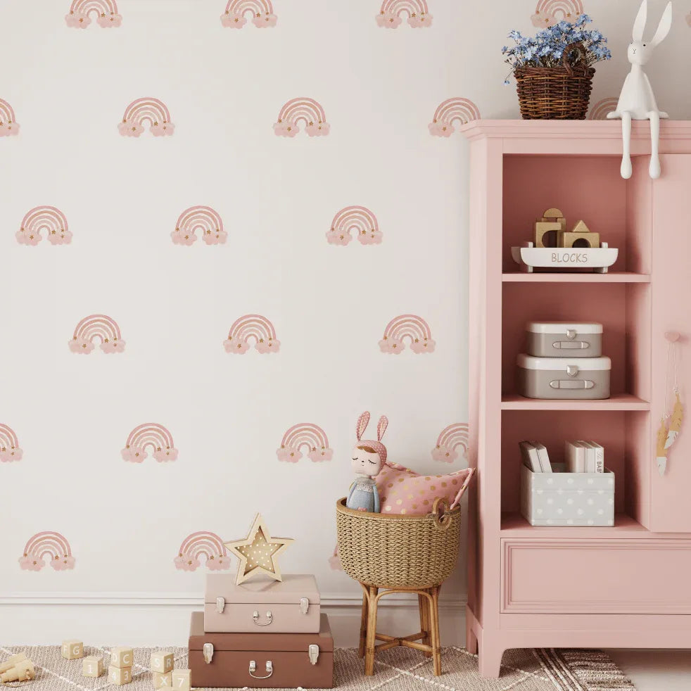 Pink rainbow mini decals scattered in a girls room with a pink bookshelf