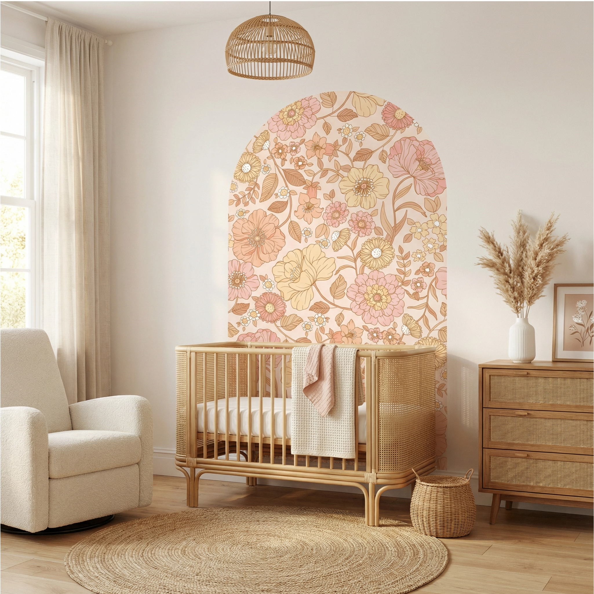 Nursery room with wooden crib, floral wall art, and decorative elements.