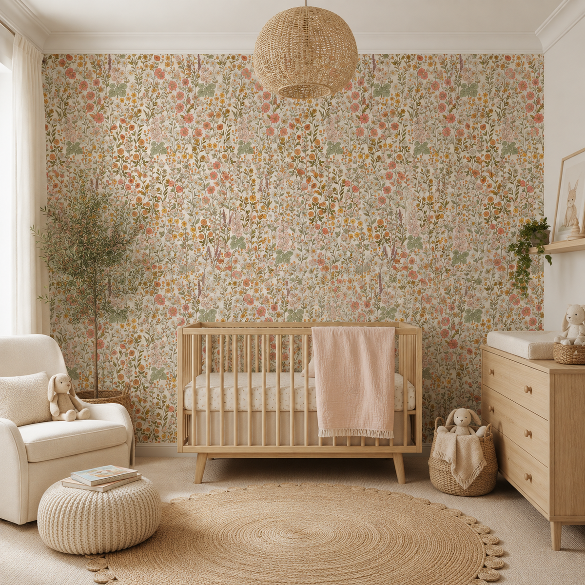 A seamless retro floral pattern featuring a dense arrangement of wildflowers in shades of orange, pink, yellow, and green on a warm cream background.