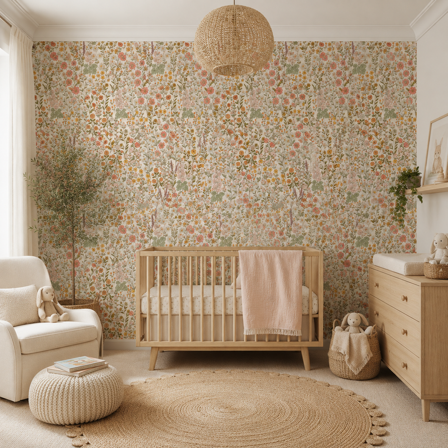 A seamless retro floral pattern featuring a dense arrangement of wildflowers in shades of orange, pink, yellow, and green on a warm cream background.