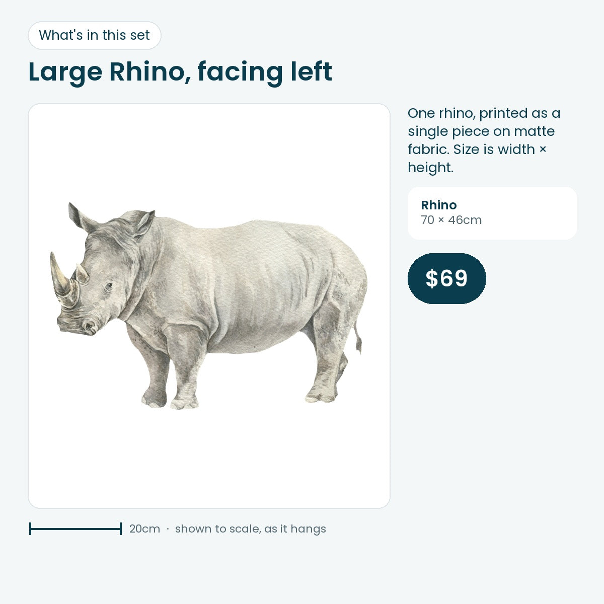 Large rhino facing left and size