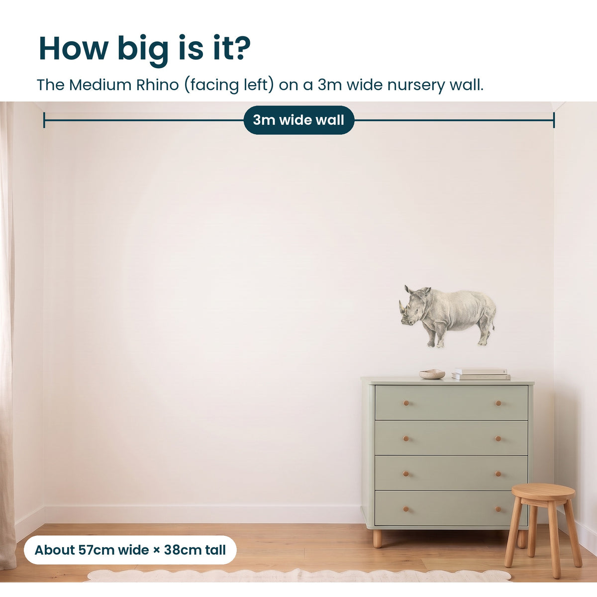 How big is the medium rhino facing left on a 3m wall