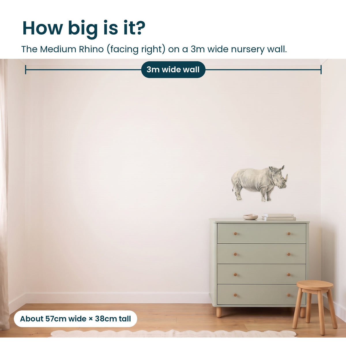 How big is the medium rhino facing right on a 3m wall