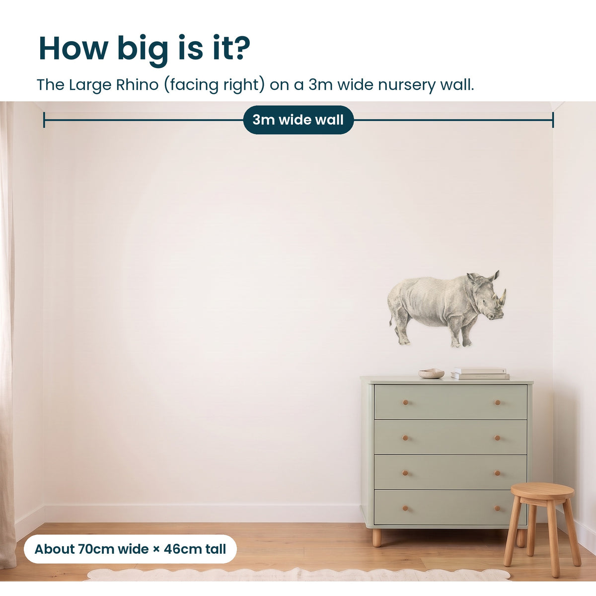 How big is the large rhino facing right on a 3m wall