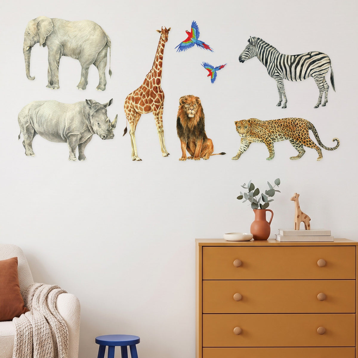 Safari animal wall decals Feature Wall pack in a styled kids room