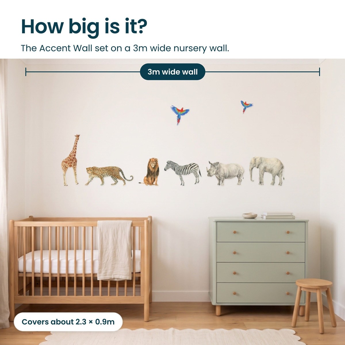 How big is the Safari Animals Accent Wall set on a 3m wide nursery wall