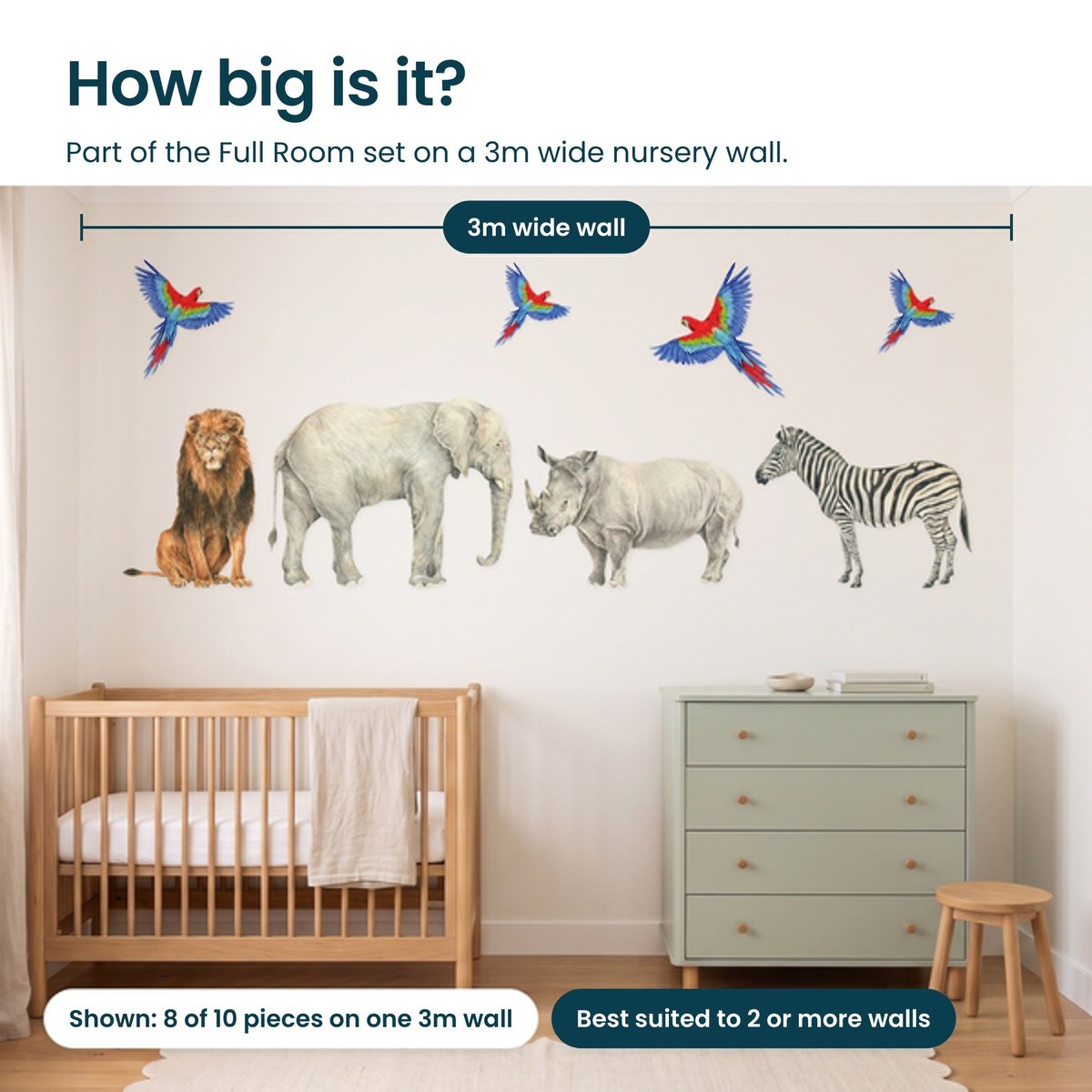 How big is the Safari Animals Full Room set on a 3m wide nursery wall