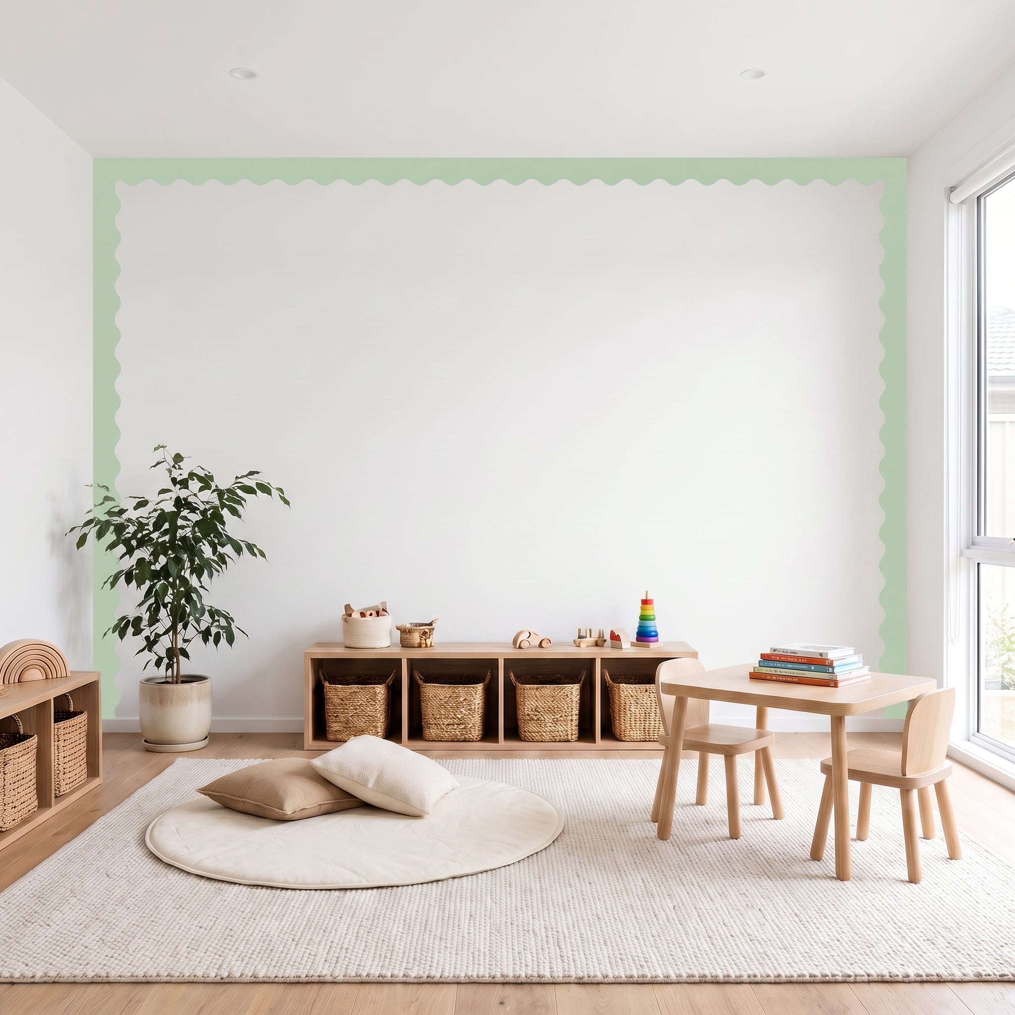 Children's playroom with wooden furniture, toys, and a large mirror on the wall.