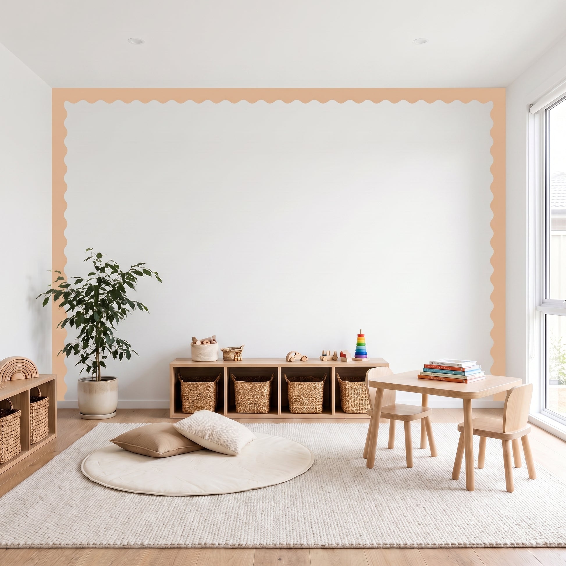 Children's playroom with wooden furniture, toys, and a large mirror on the wall.