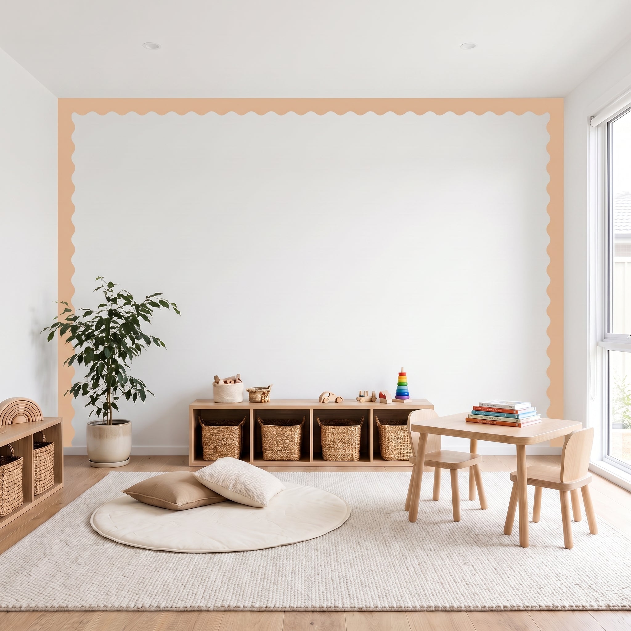 Children's playroom with wooden furniture, toys, and a large mirror on the wall.
