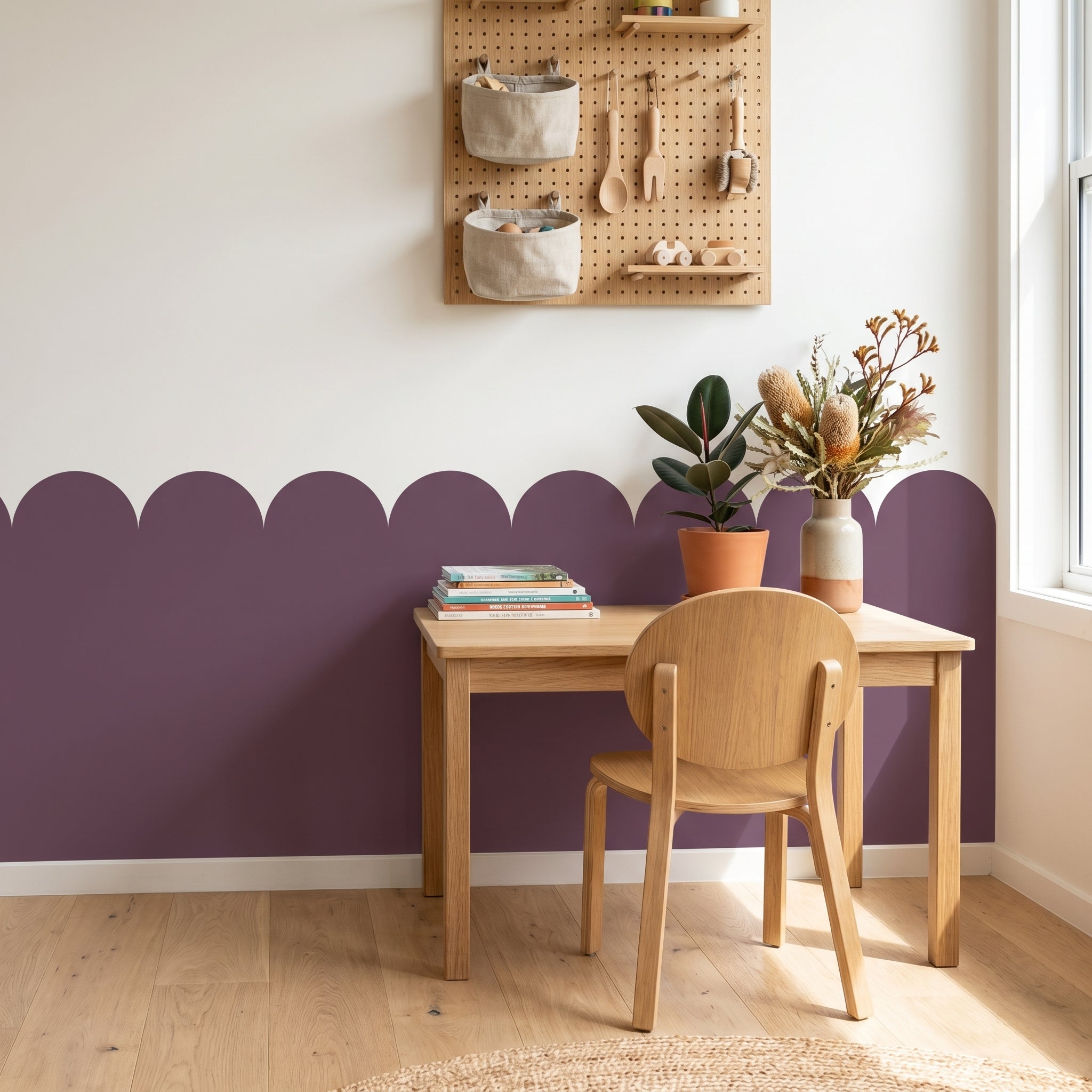 Plum scalloped peel and stick wall decal in a modern Australian kids activity nook