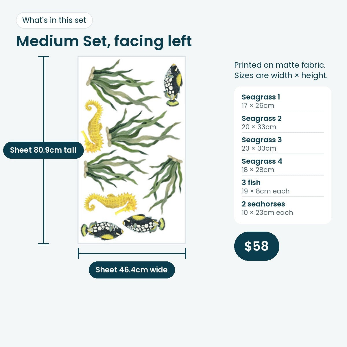 Medium Set facing left: the print sheet with 4 seagrass tufts, 3 fish and 2 seahorses